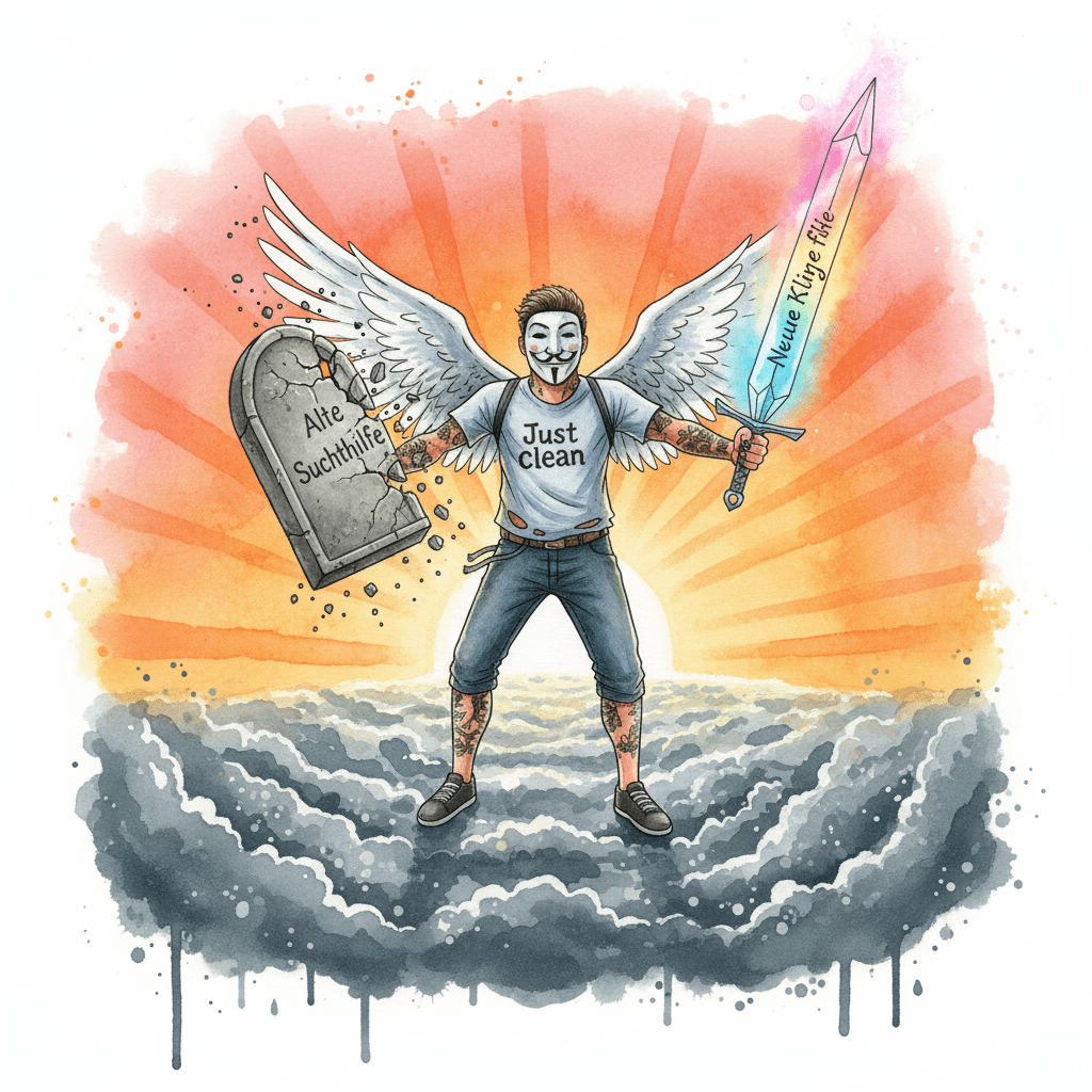 Die NeelixberliN-Figur (Watercolor) zerbricht alte Suchthilfe-Methoden und präsentiert eine neue, leuchtende Klinge (Vision).