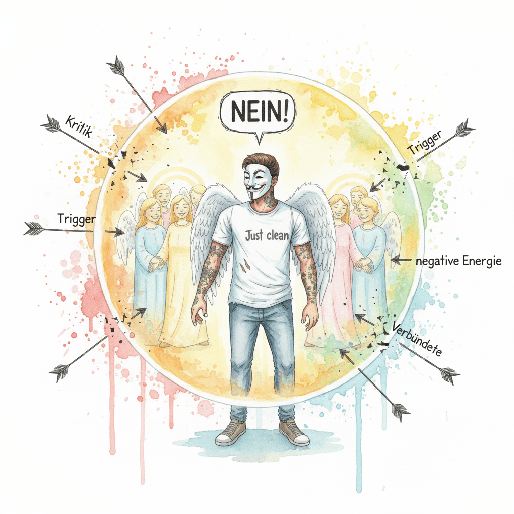 Die NeelixberliN-Figur (Watercolor) schützt sich durch Nein-Sagen (CRA) und ein positives Netzwerk (Verbündete) vor negativen Einflüssen.