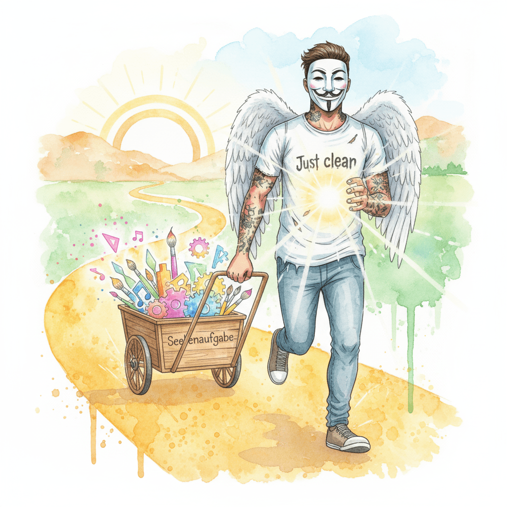 Die NeelixberliN-Figur (Watercolor) hat ihre Seelenaufgabe gefunden und zieht voller Energie ihren Wagen mit Gaben.