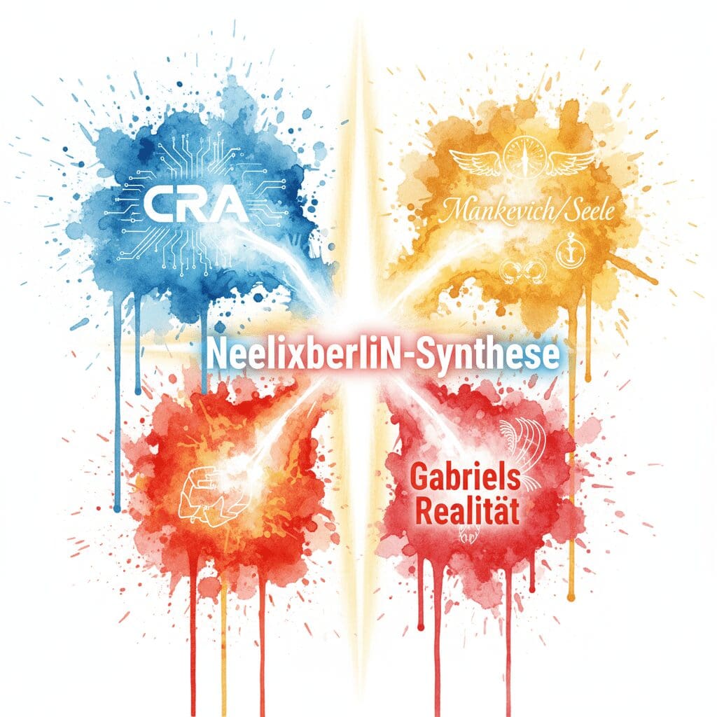 Drei Energieströme (CRA, Seele, Realität) verschmelzen im Watercolor-Stil zur NeelixberliN-Synthese des CRA-Mindset-Manifests.