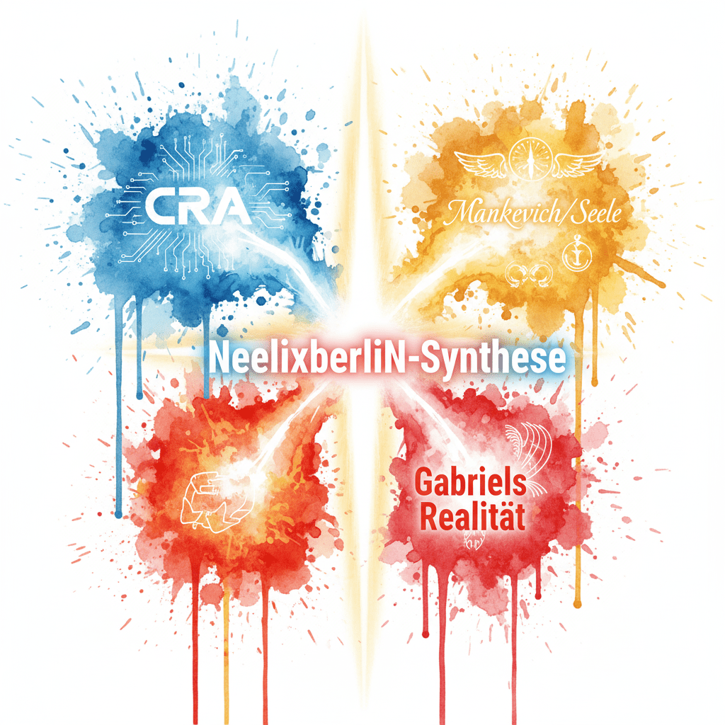 Drei Energieströme (CRA, Seele, Realität) verschmelzen im Watercolor-Stil zur NeelixberliN-Synthese des CRA-Mindset-Manifests.