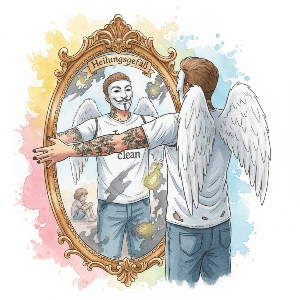 Die NeelixberliN-Figur (Watercolor) blickt in den Spiegel ihrer Beziehung und erkennt darin ihre eigenen Wunden zur Heilung.