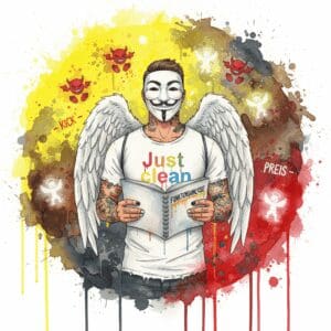 Die NeelixberliN-Figur (Engel mit Anonymous Maske) hält ein Buch zur Funktionsanalyse, umgeben von einem Watercolor-Chaos der 5 Sucht-Fallen.