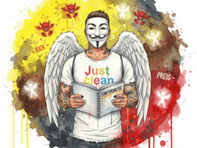 Die NeelixberliN-Figur (Engel mit Anonymous Maske) hält ein Buch zur Funktionsanalyse, umgeben von einem Watercolor-Chaos der 5 Sucht-Fallen.