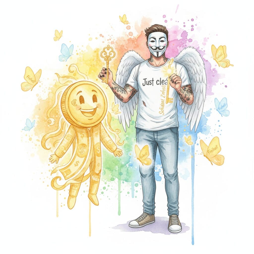 Die NeelixberliN-Figur (Watercolor) macht Geld zu ihrem Freund und hält den Schlüssel zur äußeren Freiheit in der Hand.