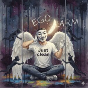 Die NeelixberliN-Figur (Watercolor) meditiert im Lärm der Sucht (Ego) und hört auf die leise Stimme der Intuition (Seele/Feder).