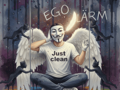 Die NeelixberliN-Figur (Watercolor) meditiert im Lärm der Sucht (Ego) und hört auf die leise Stimme der Intuition (Seele/Feder).