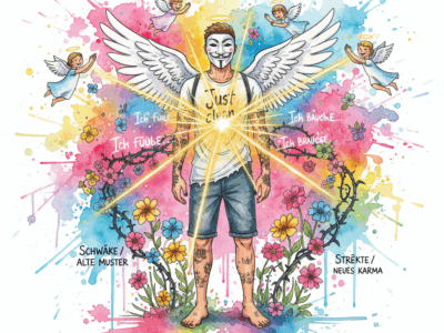 Die NeelixberliN-Figur (Watercolor) verwandelt durch ehrliche Kommunikation (Worte) ihre Schwäche (Dornen) in Stärke (Blumen) und schafft positives Karma.