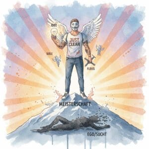 Die NeelixberliN-Figur (Watercolor) symbolisiert Meisterschaft in der Genesung: Mit Idee (Seele) und Fleiß (CRA) das Ego (Sucht) besiegen.