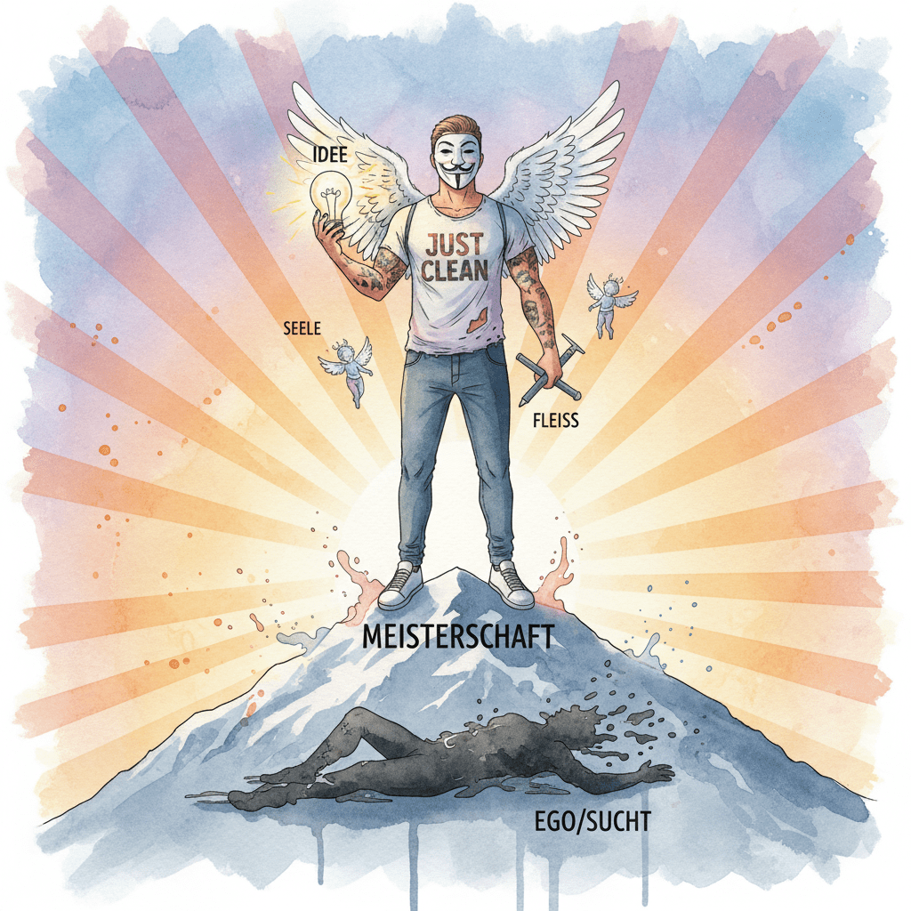 Die NeelixberliN-Figur (Watercolor) symbolisiert Meisterschaft in der Genesung: Mit Idee (Seele) und Fleiß (CRA) das Ego (Sucht) besiegen.