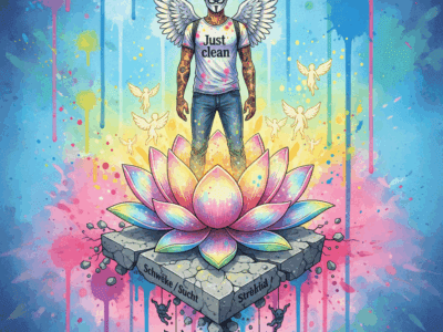 Die NeelixberliN-Figur (Watercolor) steht auf einer Lotusblume, die aus den Trümmern seiner Sucht (Schwäche) wächst – Symbol für Stärke aus Überwindung.