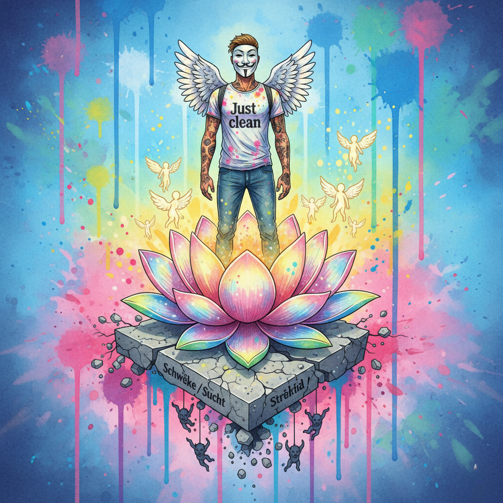 Die NeelixberliN-Figur (Watercolor) steht auf einer Lotusblume, die aus den Trümmern seiner Sucht (Schwäche) wächst – Symbol für Stärke aus Überwindung.