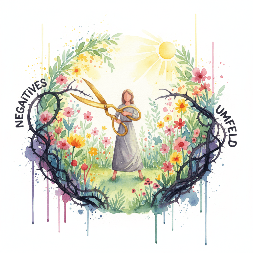 Eine Watercolor-Zeichnung: Eine Person pflegt ihren Garten (positives Umfeld), indem sie negative Einflüsse (Dornen) abschneidet.