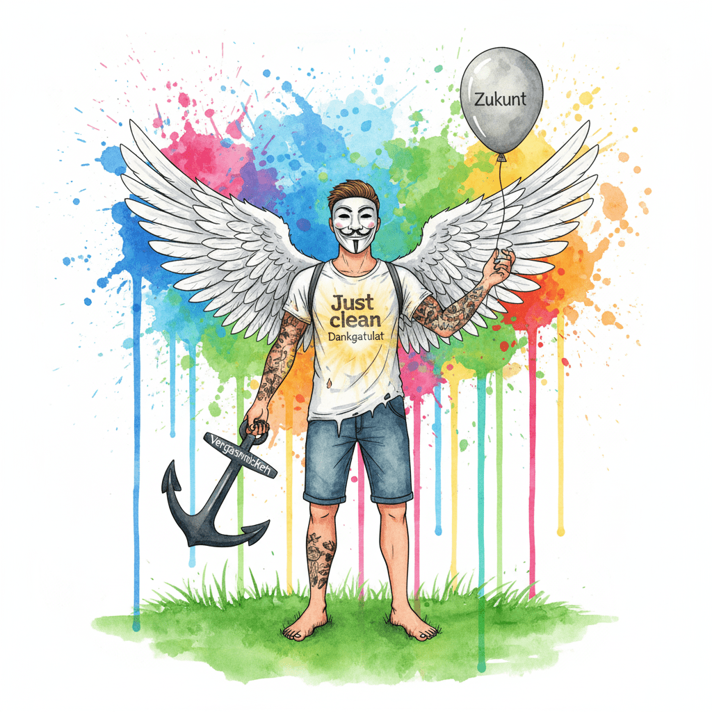 Die NeelixberliN-Figur (Watercolor) lässt Vergangenheit (Anker) und Zukunft (Ballon) los, um im Jetzt anzukommen und Dankbarkeit zu fühlen.