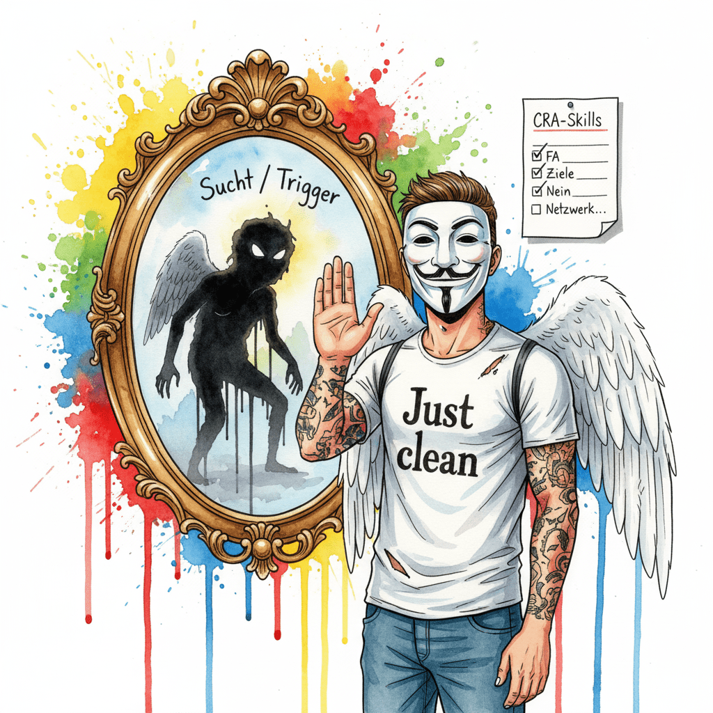 Die NeelixberliN-Figur (Watercolor) übt vor dem Spiegel CRA-Skills (Nein-Sagen), um die Sucht zu besiegen.