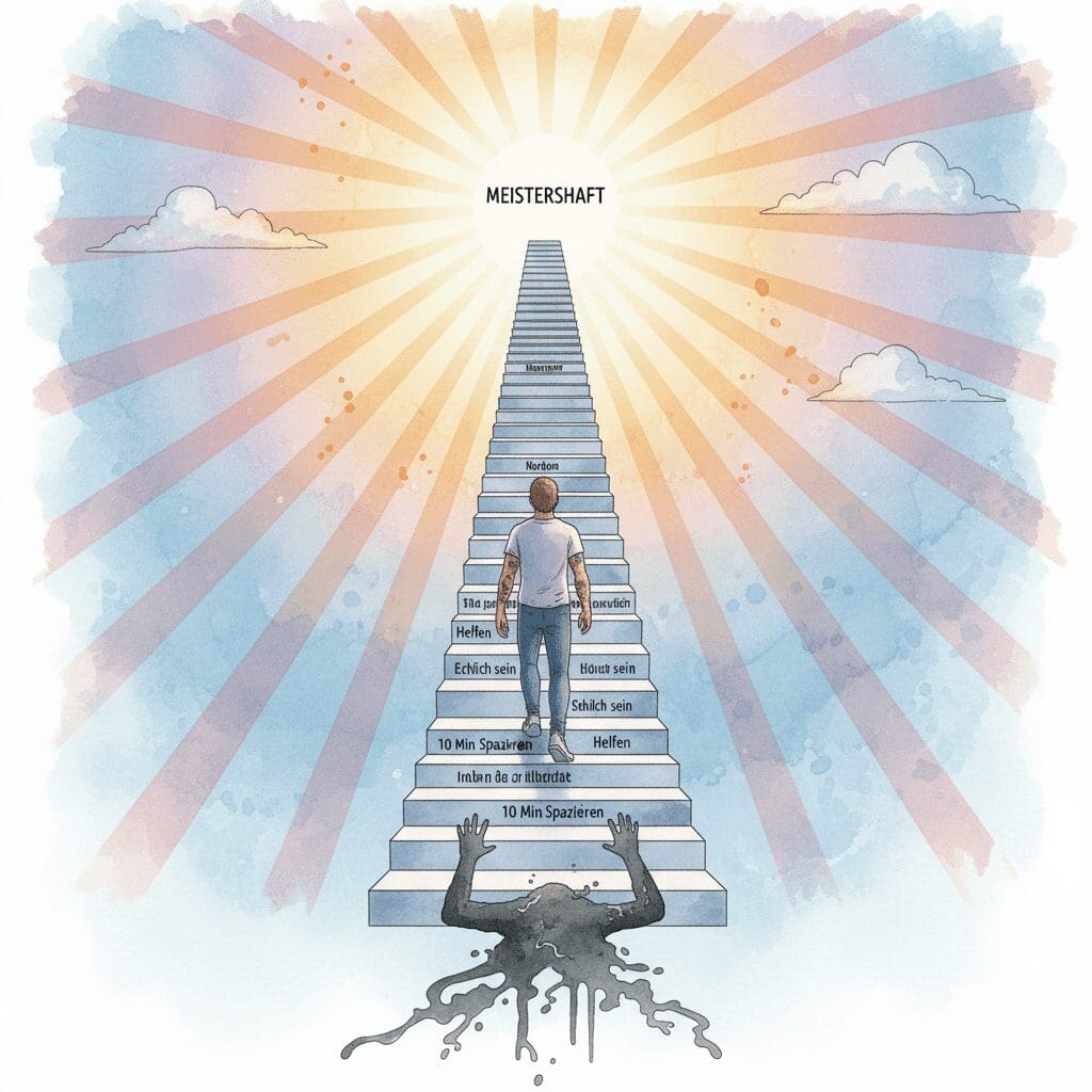 Eine Watercolor-Zeichnung: Eine Person erklimmt die Treppe der Genesung durch kleine CRA-Ziele und lässt das Ego (Sucht) hinter sich.