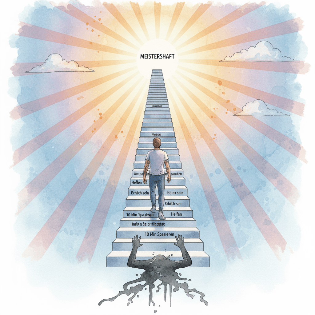 Eine Watercolor-Zeichnung: Eine Person erklimmt die Treppe der Genesung durch kleine CRA-Ziele und lässt das Ego (Sucht) hinter sich.