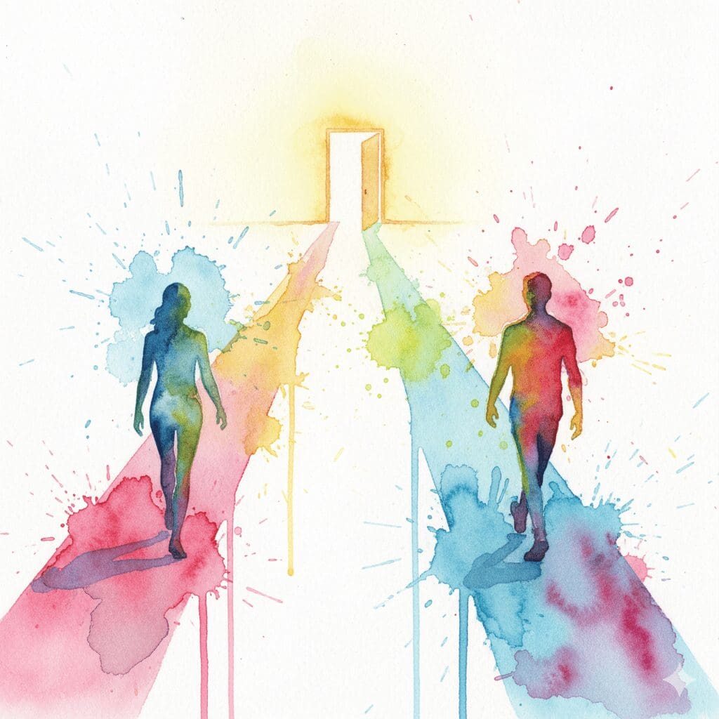 Zwei Menschen gehen auf parallelen Wegen auf eine offene Tür zu. Symbol für den respektvollen, gemeinsamen Weg in die Genesung.