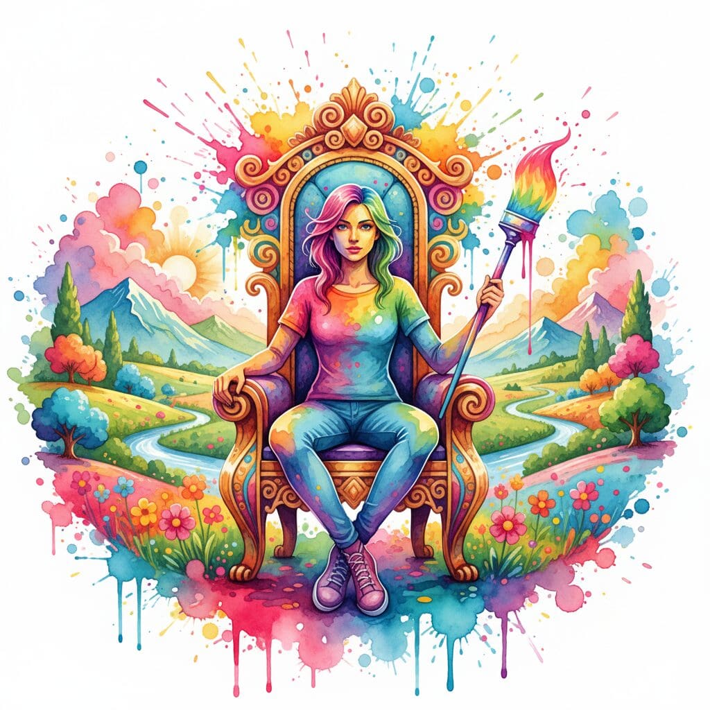 Eine Person sitzt auf ihrem eigenen Thron in ihrem eigenen Reich. Symbol für die zurückgewonnene Selbstbestimmung und Macht über das eigene Leben.