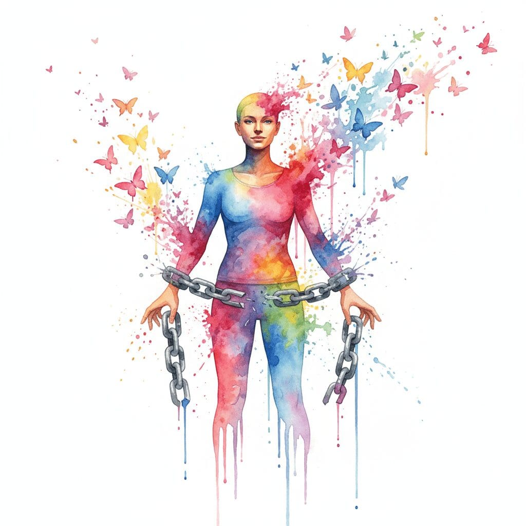 Eine Person mit gesprengten Ketten, aus denen Schmetterlinge fliegen. Symbol für die Befreiung von der Co-Abhängigkeit durch das CRAFT-Mindset.