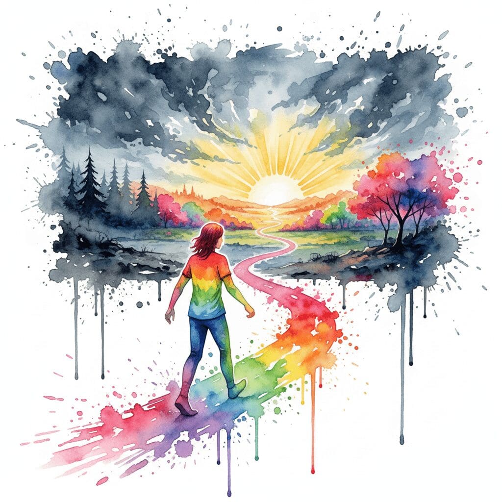 Eine Person wählt einen neuen, leuchtenden Weg an einer Gabelung. Symbol für die bewusste Entscheidung für ein neues Leben als Angehöriger.