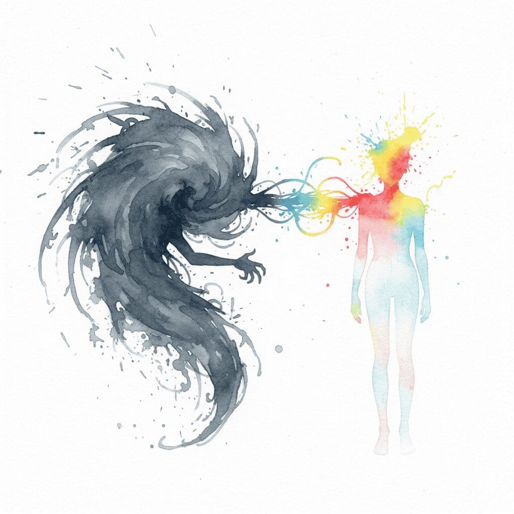 Eine dunkle Gestalt saugt die Farbe aus einer leuchtenden Gestalt. Symbol für den Verlust der eigenen Identität als Angehöriger eines Süchtigen.