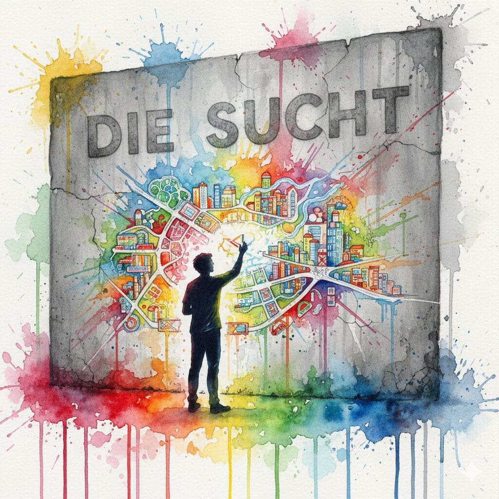 Eine Person zeichnet einen bunten Bauplan auf eine graue Mauer. Symbol für die proaktive Gestaltung eines besseren Lebens als Angehöriger.