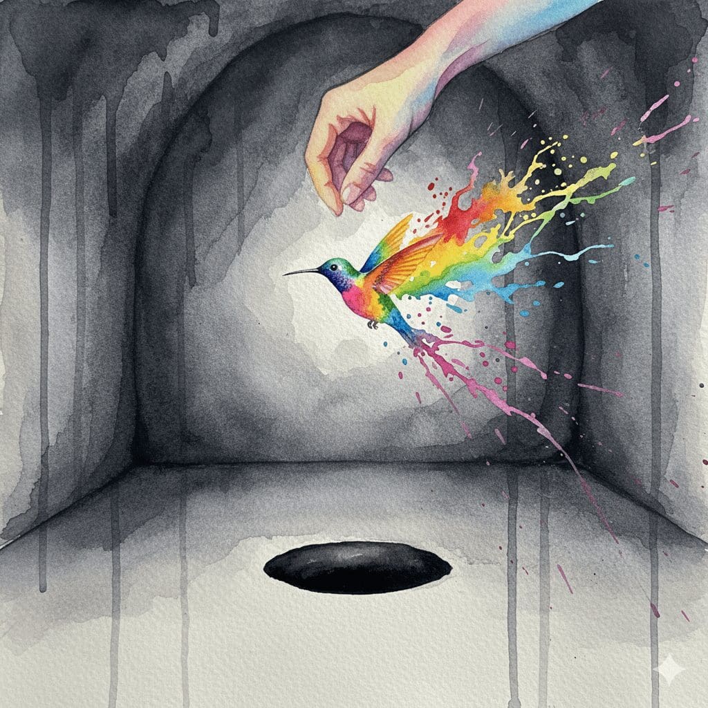 Ein bunter Kolibri füllt einen leeren, dunklen Raum. Symbol für das Füllen des Vakuums nach der Sucht mit positiven Aktivitäten.