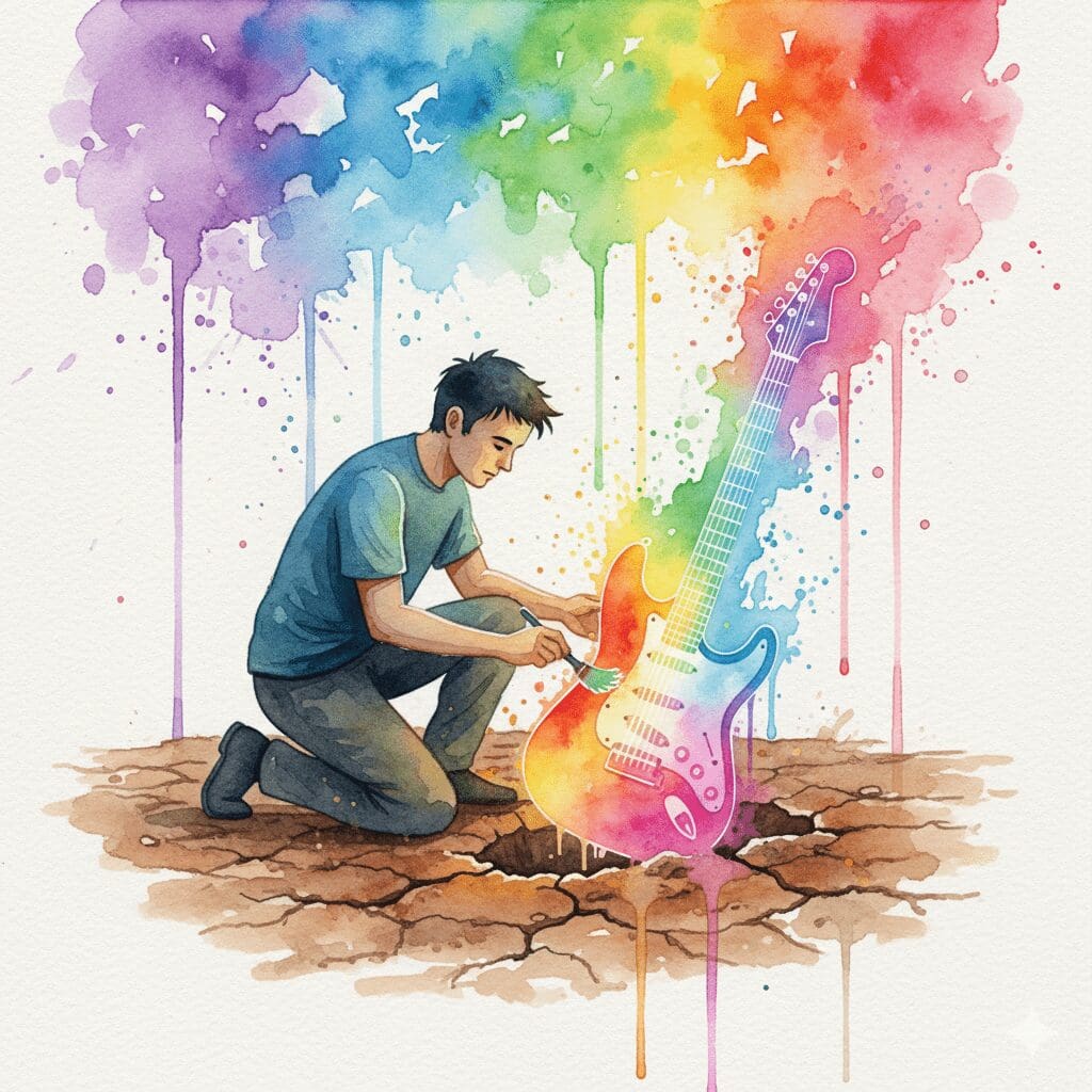 Ein Archäologe legt eine leuchtende E-Gitarre frei. Symbol für das Wiederentdecken verschütteter Leidenschaften eines Süchtigen.