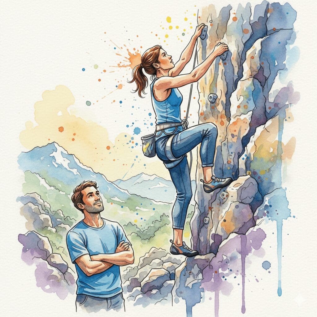 Eine Person beobachtet vertrauensvoll eine andere beim Klettern. Symbol dafür, dem Süchtigen zu vertrauen, dass er seine eigenen Herausforderungen meistert.