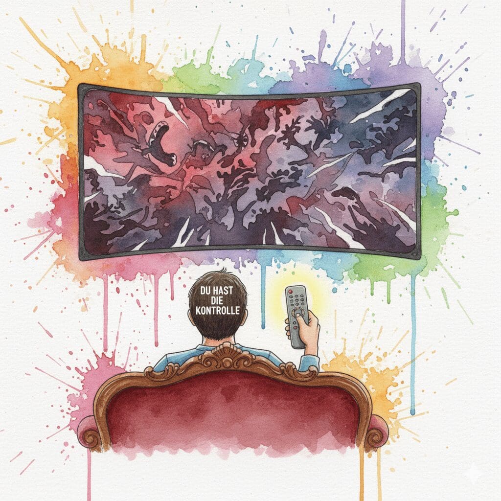 Eine Person im Kinosessel, die mit einer Fernbedienung eine schlimme Erinnerung auf einer Leinwand kontrolliert. Symbol für die NLP-Film-Technik.