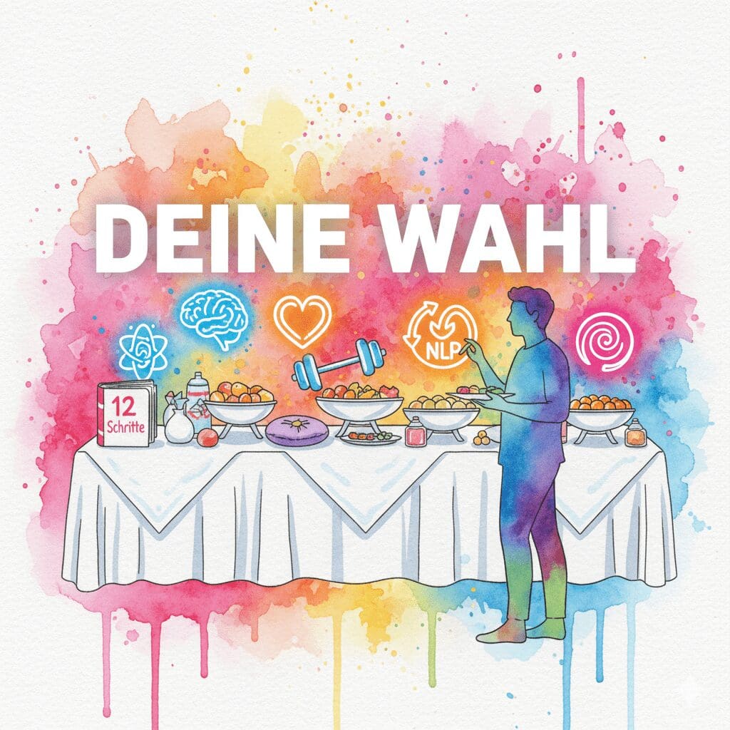 Eine Person an einem Buffet aus Recovery-Werkzeugen, die sich ihren eigenen Teller zusammenstellt. Symbol für einen individuellen und eklektischen Genesungsweg.