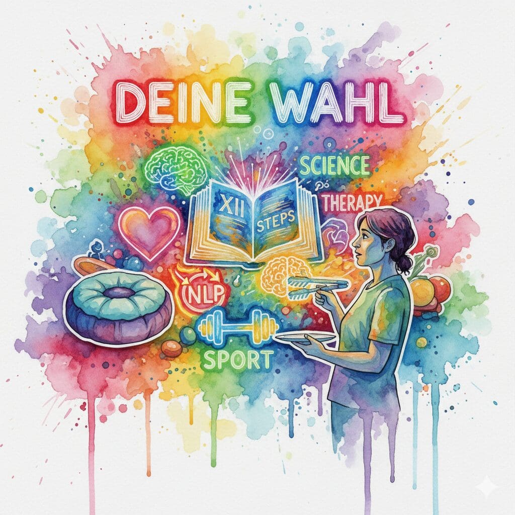 Eine Person an einem Buffet aus Recovery-Werkzeugen, die sich ihren eigenen Teller zusammenstellt. Symbol für einen individuellen und eklektischen Genesungsweg.