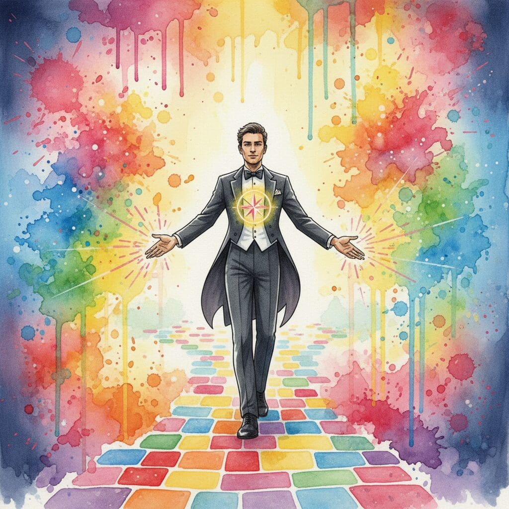 Eine Person, die ihren eigenen, bunten Weg Stein für Stein baut, als Symbol für einen selbstbestimmten und individuellen Genesungsweg.