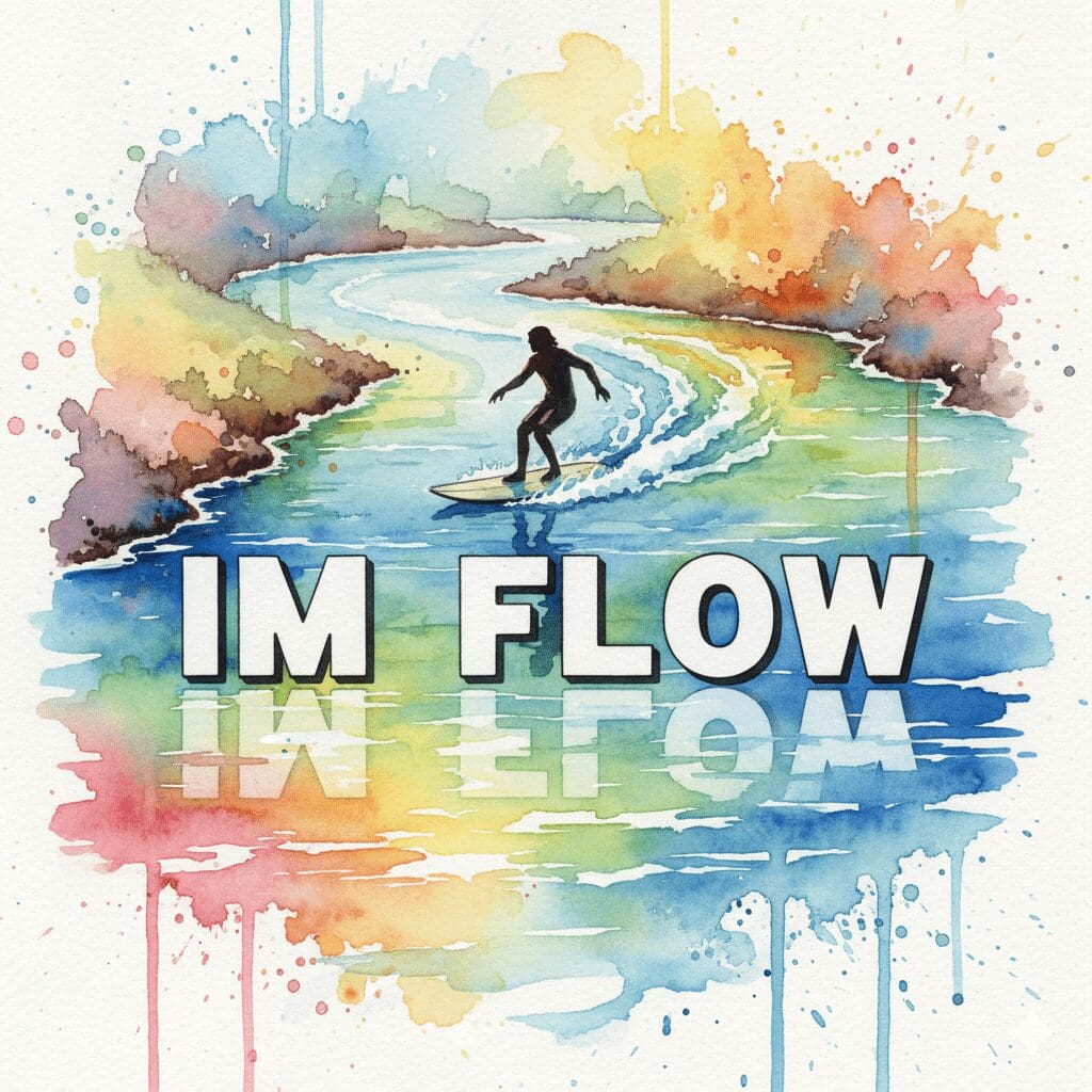 Eine Person, die auf einem bunten Fluss surft, als Symbol für ein selbstbestimmtes Leben im "Flow" in der Recovery.