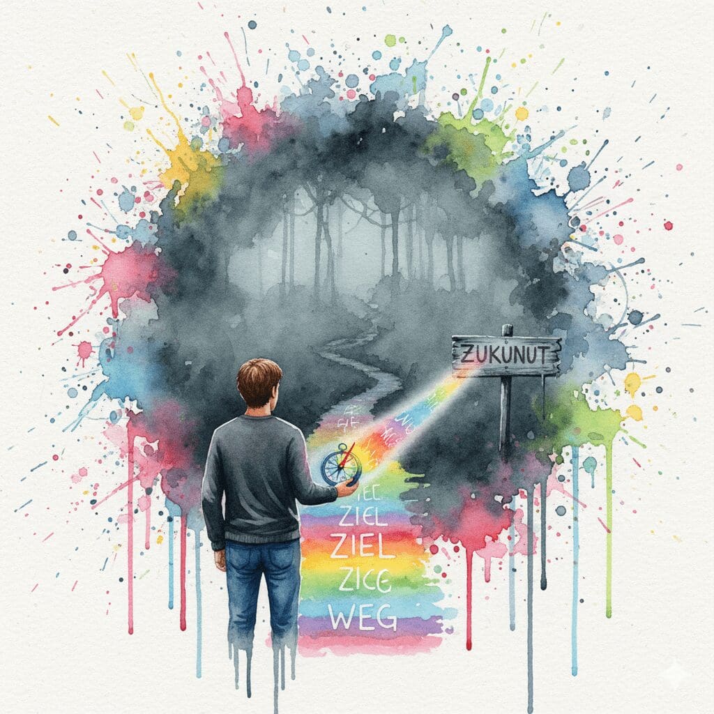 Eine Person mit einem leuchtenden Kompass, der den Weg in eine neblige Zukunft erhellt, als Symbol für Visualisierung als Leitfaden in der Recovery.