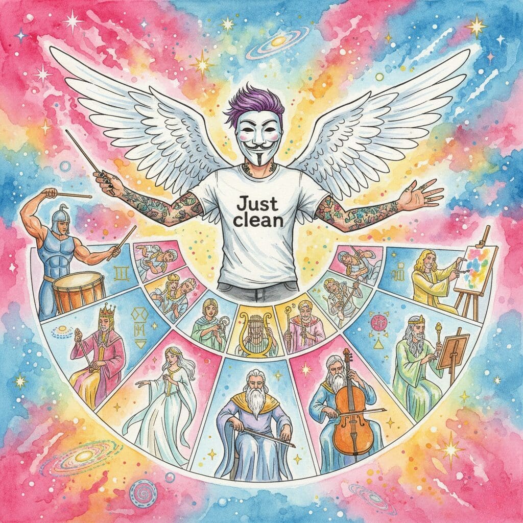 Die NeelixberliN-Figur als Dirigent eines Orchesters aus 12 Archetypen. Symbol für die Integration und Meisterschaft der eigenen Persönlichkeitsanteile.