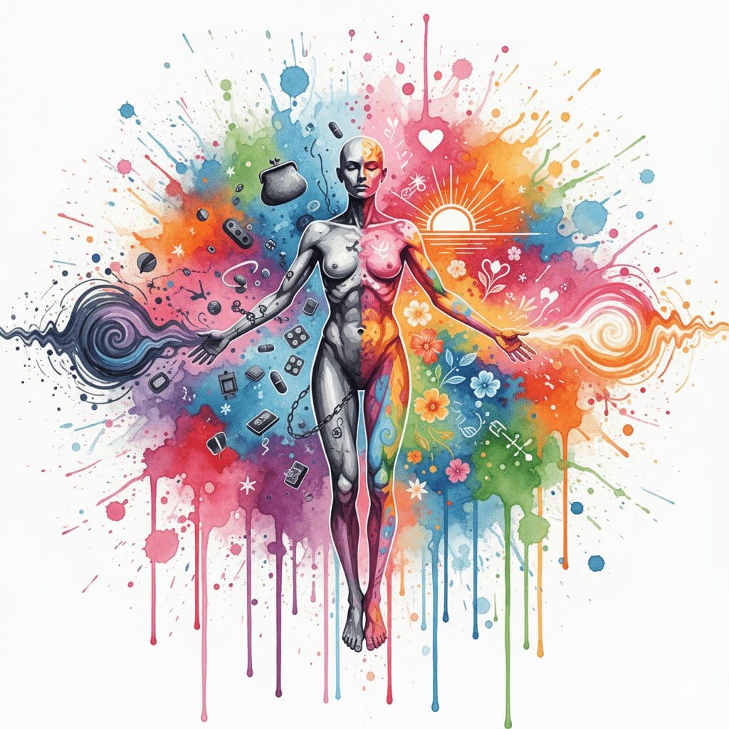 Die NeelixberliN-Figur verwandelt sich von einer grauen Mangel-Seite in eine bunte Fülle-Seite. Symbol für den Frequenz-Wechsel durch Dankbarkeit und Intention.