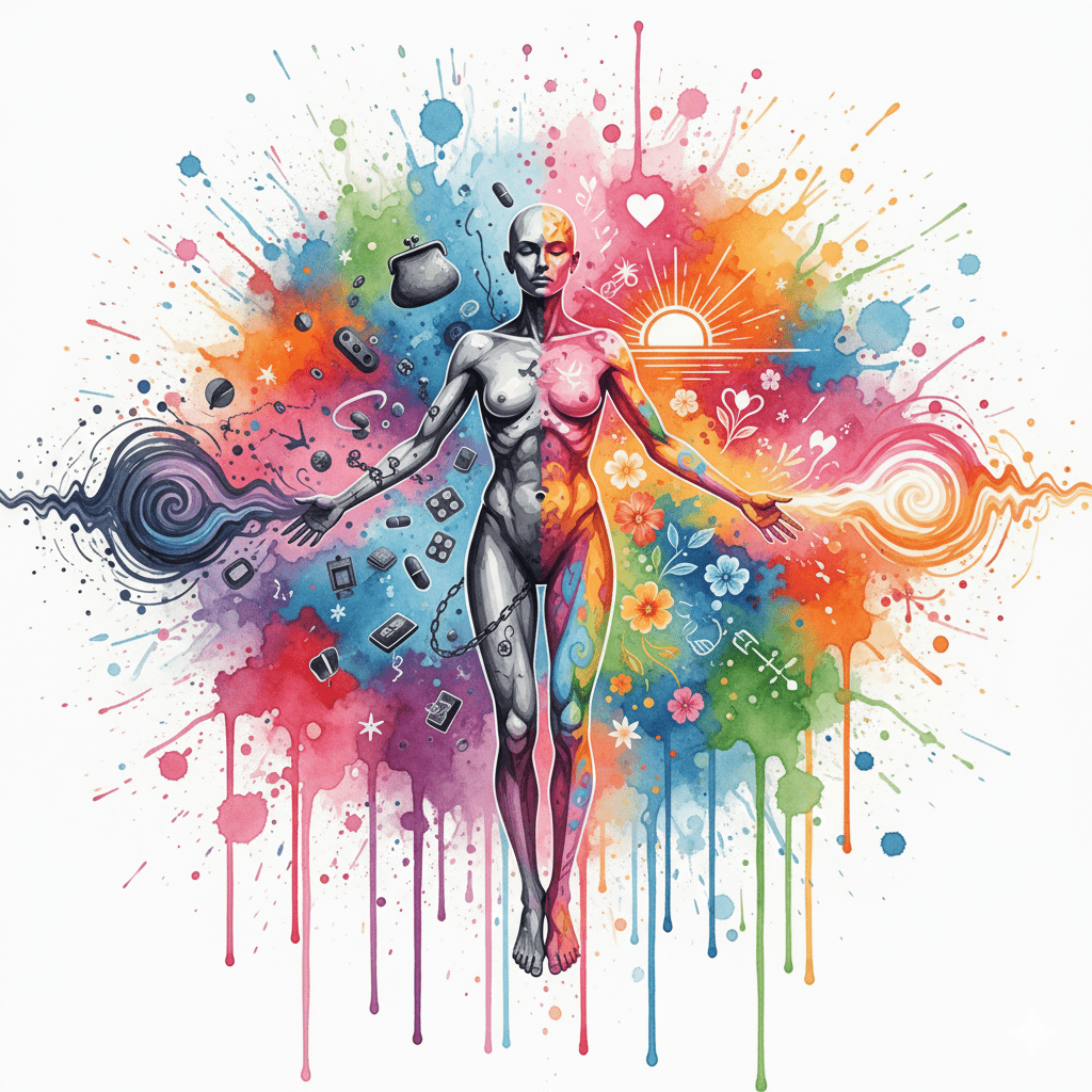 Die NeelixberliN-Figur verwandelt sich von einer grauen Mangel-Seite in eine bunte Fülle-Seite. Symbol für den Frequenz-Wechsel durch Dankbarkeit und Intention.