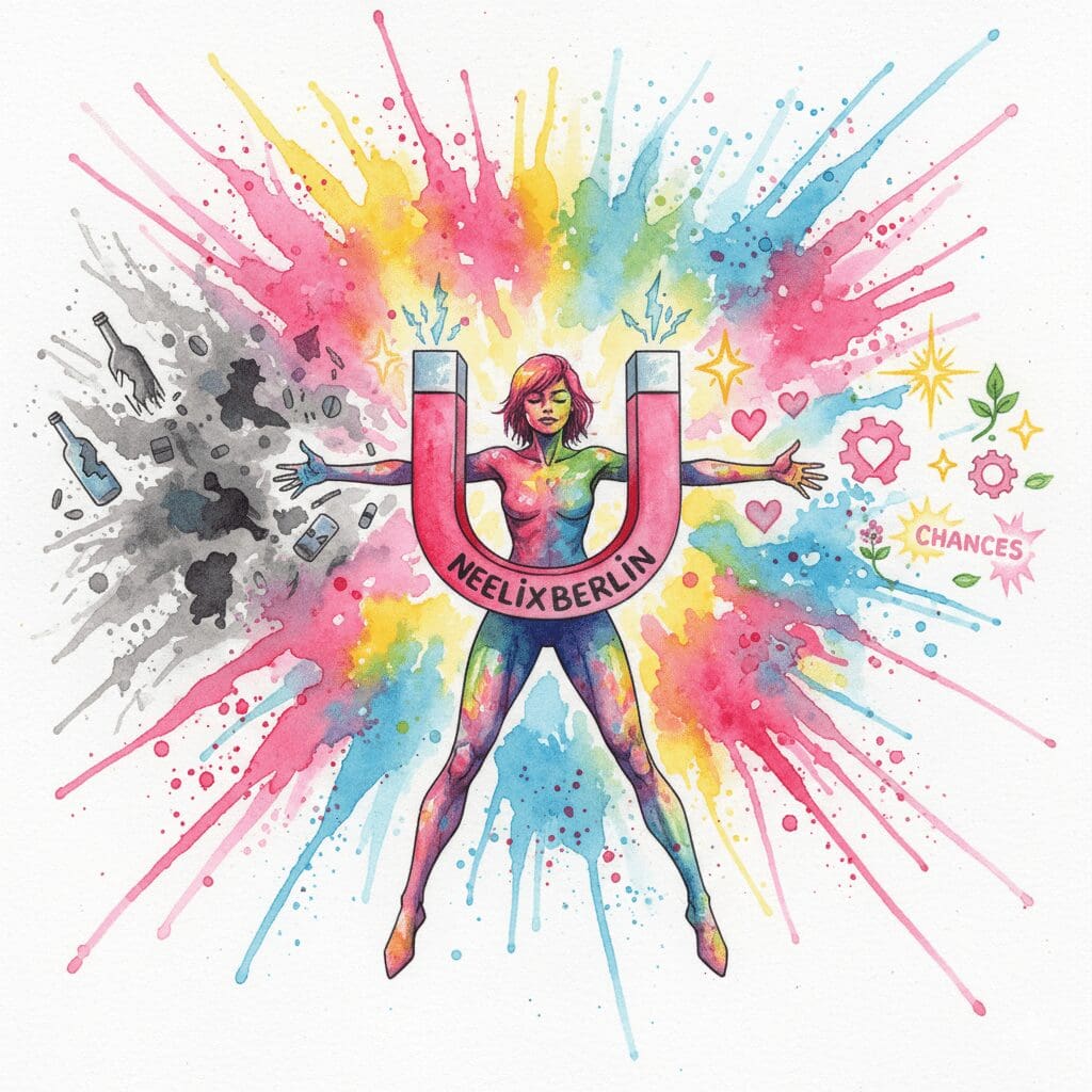 Die NeelixberliN-Figur als leuchtender Magnet, der Gutes anzieht und Schlechtes abstößt. Symbol für das Gesetz der Anziehung durch Dankbarkeit.