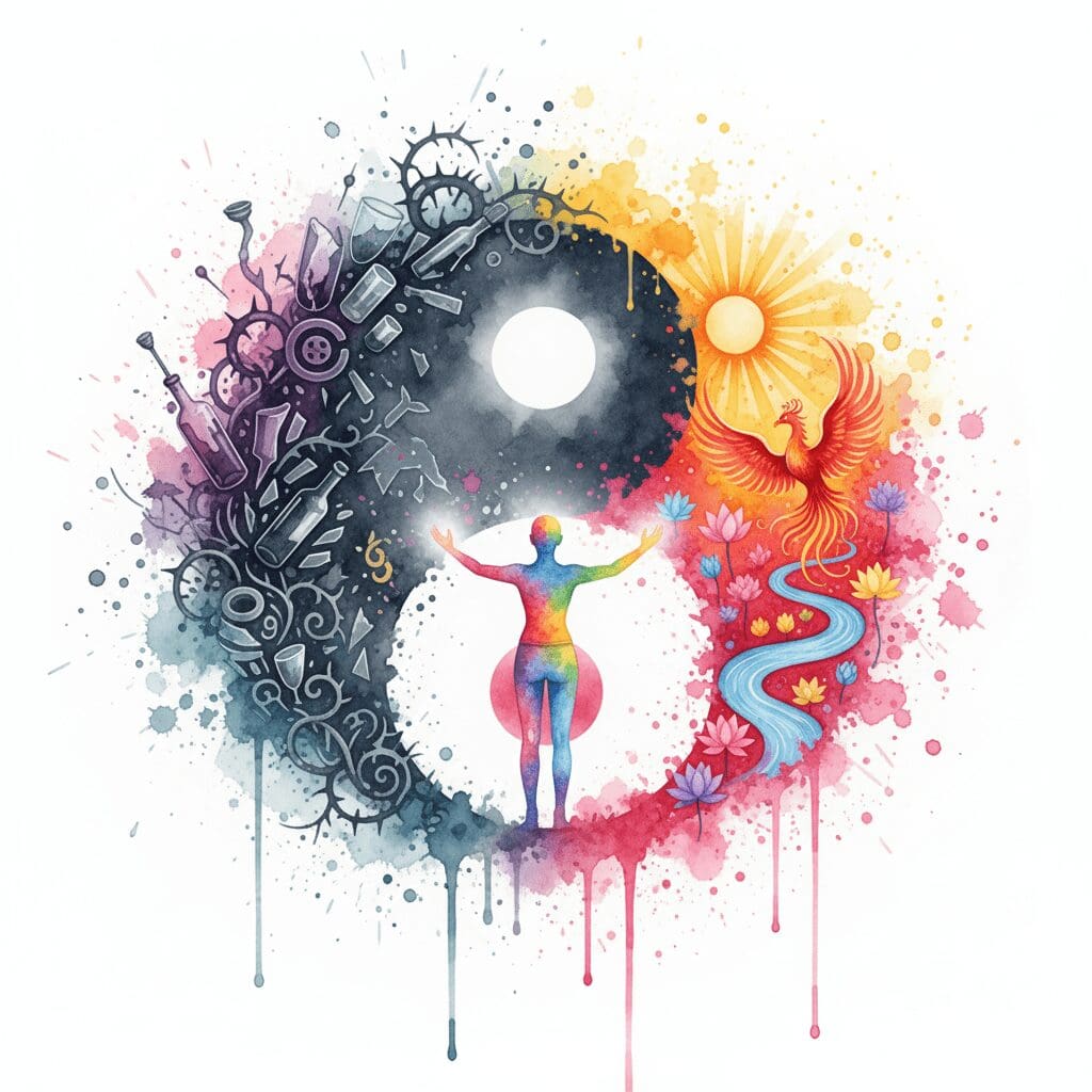 Die NeelixberliN-Figur balanciert auf einem Yin & Yang-Symbol aus Sucht und Recovery, als Symbol für das Gesetz der Polarität.