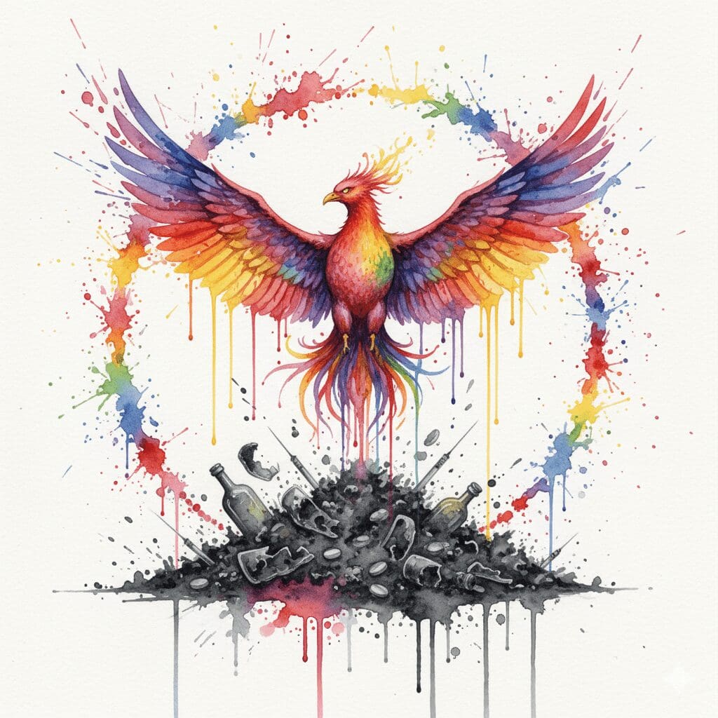 Ein Phönix, der aus der Asche von Drogen-Utensilien aufsteigt. Symbol für das posttraumatische Wachstum und die Transformation durch die Sucht.