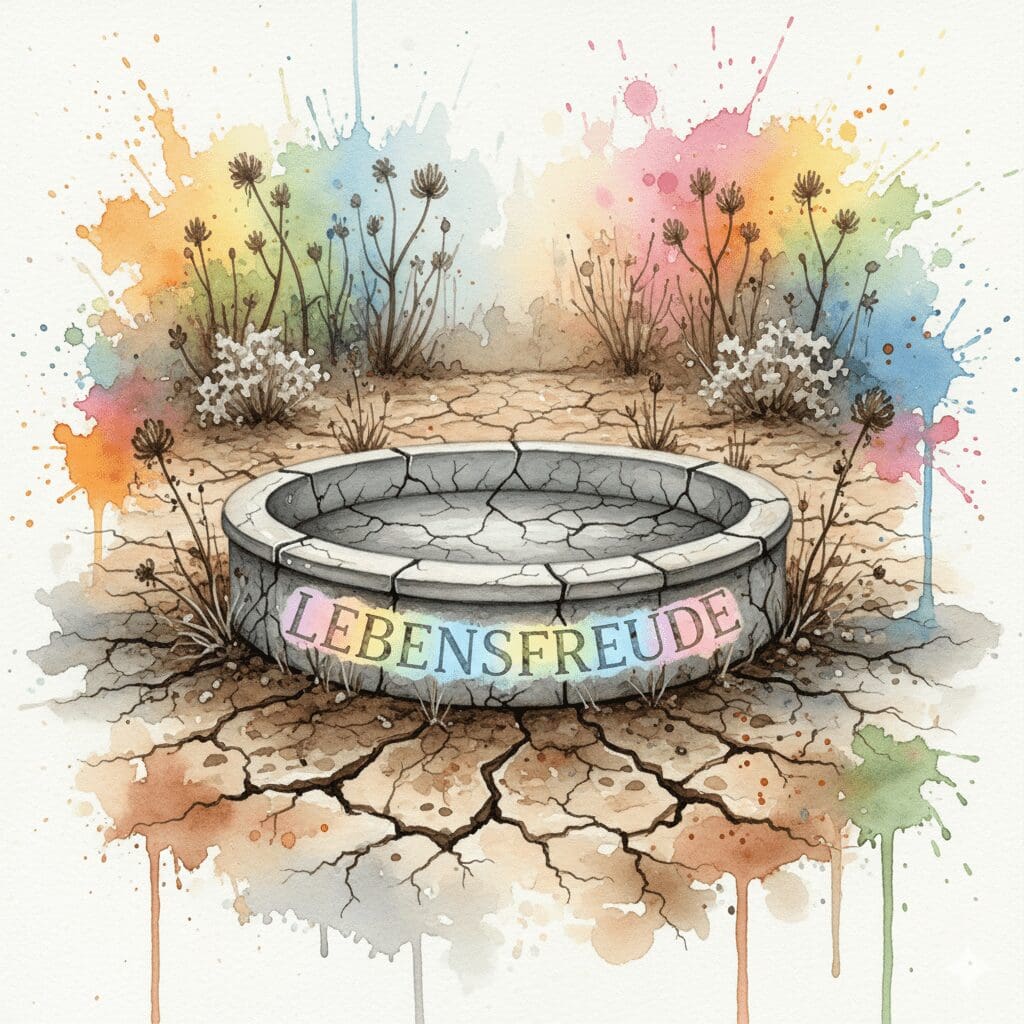 Ein ausgetrockneter Brunnen der Lebensfreude in einem verdorrten Garten, als Symbol für das blockierte Sakralchakra und Anhedonie durch Sucht.