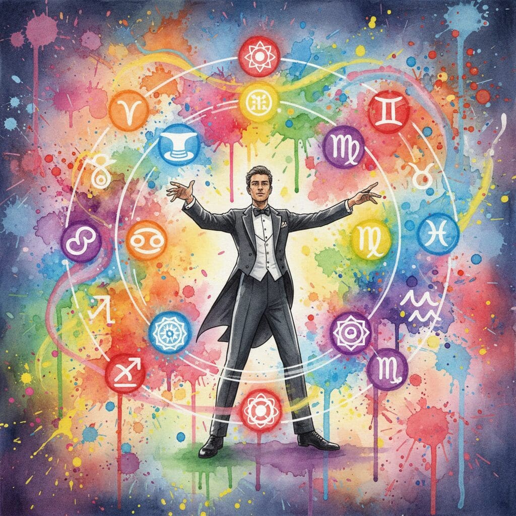 Die NeelixberliN-Figur als Dirigent, der die Symbole der Archetypen und Chakren in Harmonie leitet. Symbol für die Selbst-Meisterung in der Recovery.