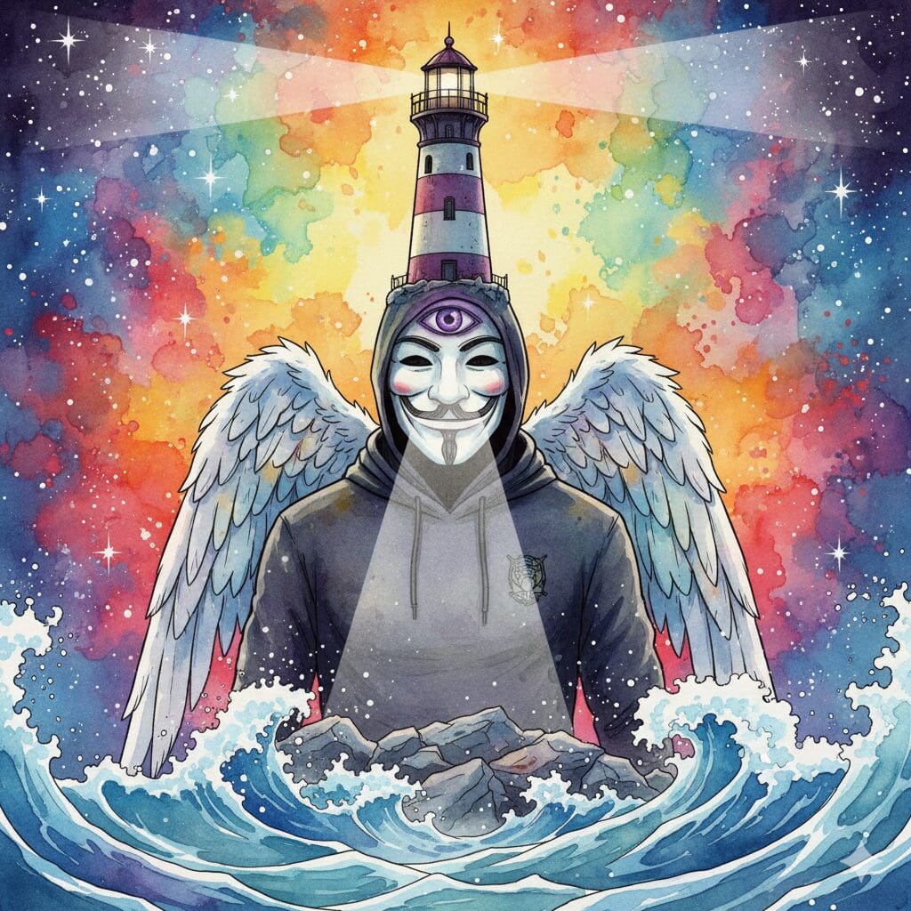 Ein Leuchtturm wächst aus dem Stirnchakra der NeelixberliN-Figur, sendet einen klaren Lichtstrahl aus. Symbol für geheilte Intuition und klares Denken in der Recovery.