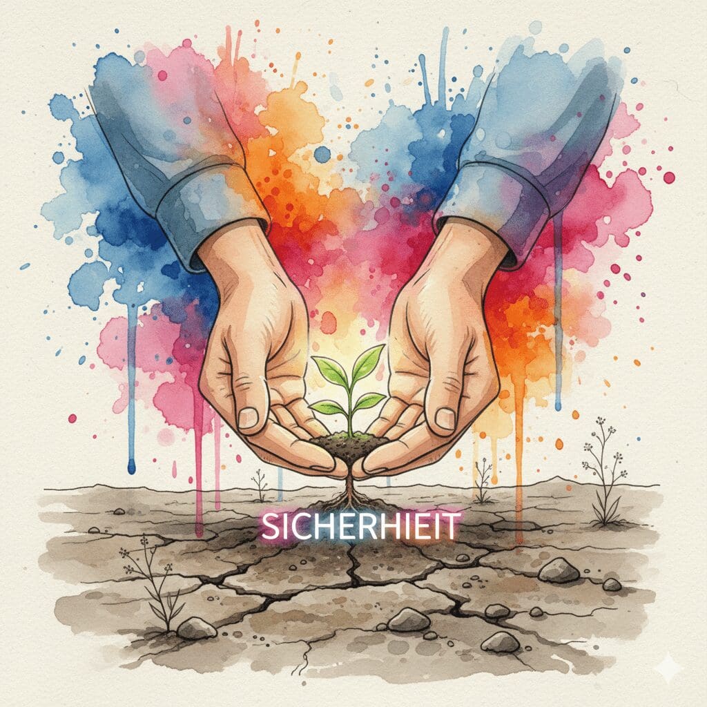 Eine Hand pflanzt einen Setzling der Sicherheit in trockene Erde. Symbol für die Heilung des Wurzelchakras und das Wiedererlangen von Stabilität in der Recovery.