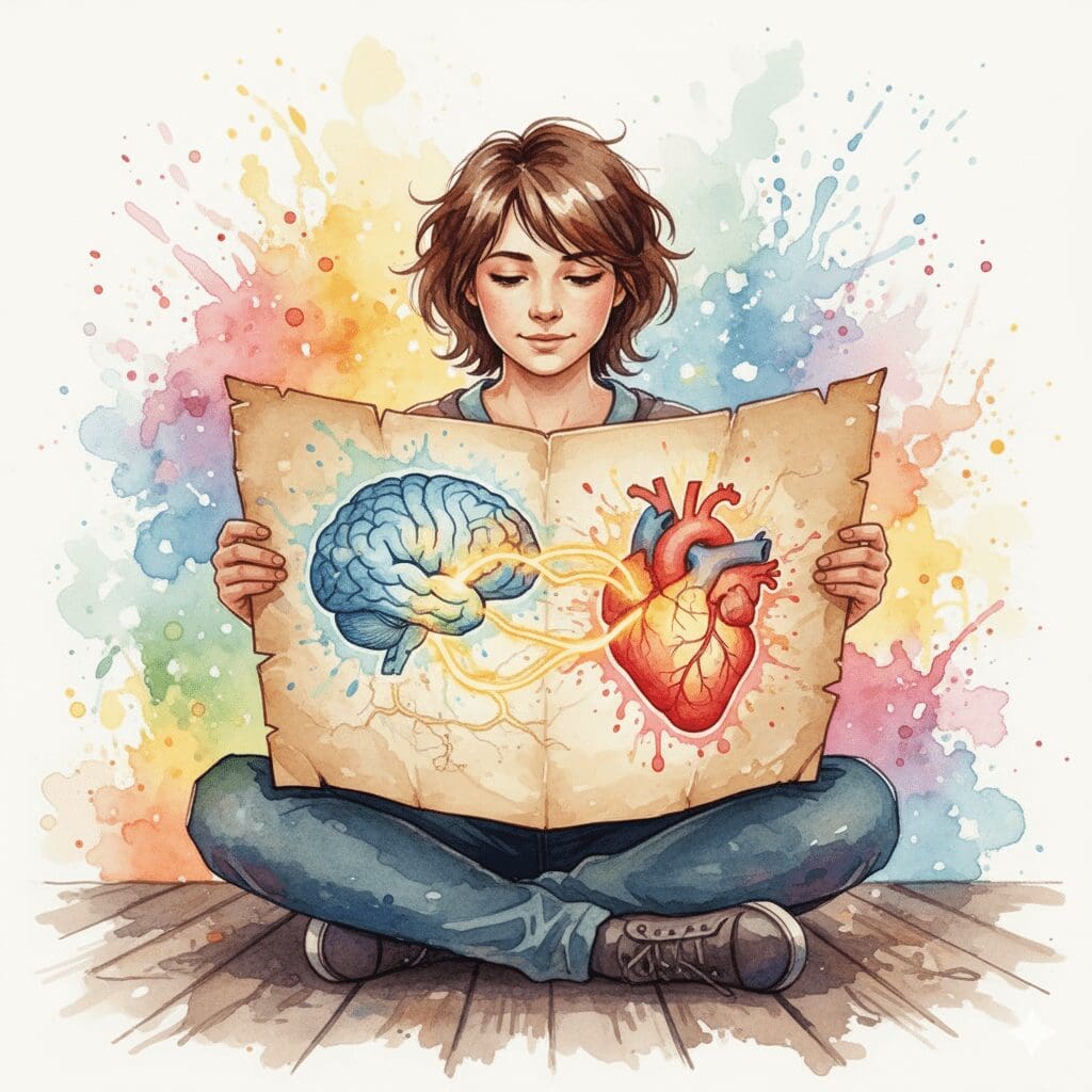 Eine Person studiert eine leuchtende Landkarte ihrer eigenen Seele, als Symbol für die Selbsterkenntnis auf dem Weg zur Heilung.