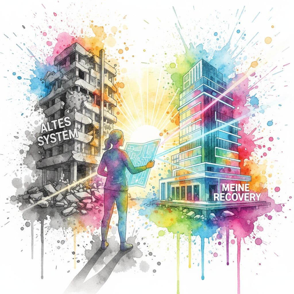 Eine Person als Architekt, der auf den Trümmern des alten Systems seine eigene, neue Recovery baut.