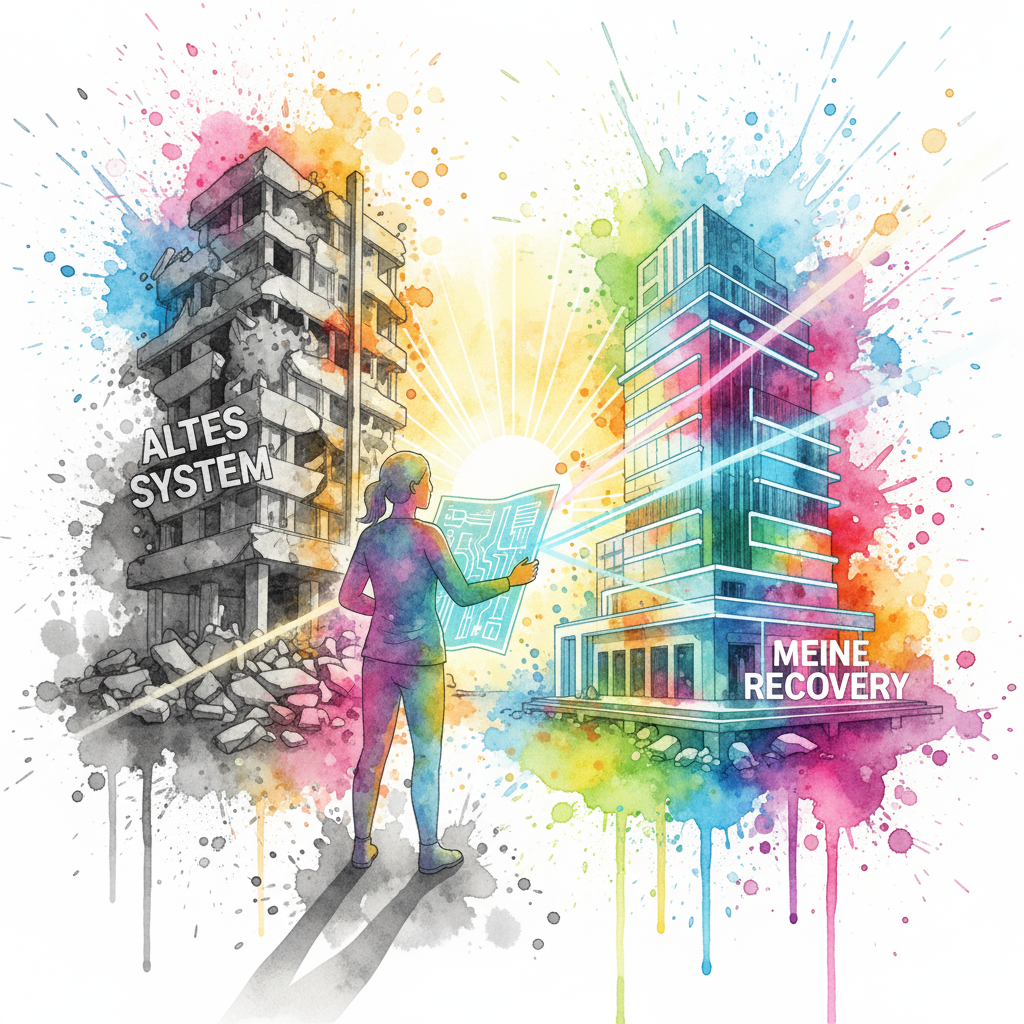 Eine Person als Architekt, der auf den Trümmern des alten Systems seine eigene, neue Recovery baut.