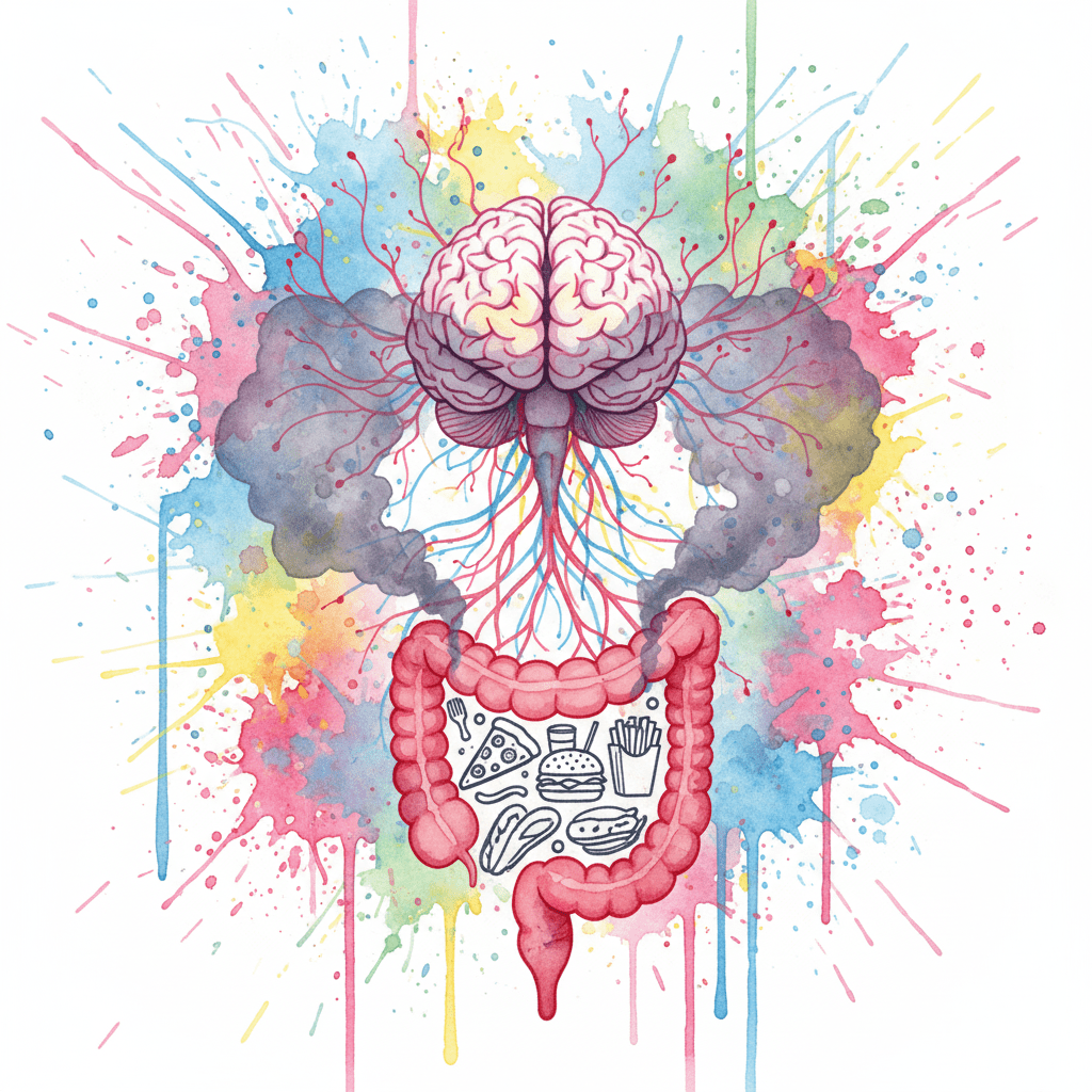 Das Gehirn und der Darm sind durch leuchtende Nervenbahnen verbunden. Ungesundes Essen im Darm erzeugt einen "Nebel" im Gehirn. Symbol für die Darm-Hirn-Achse.